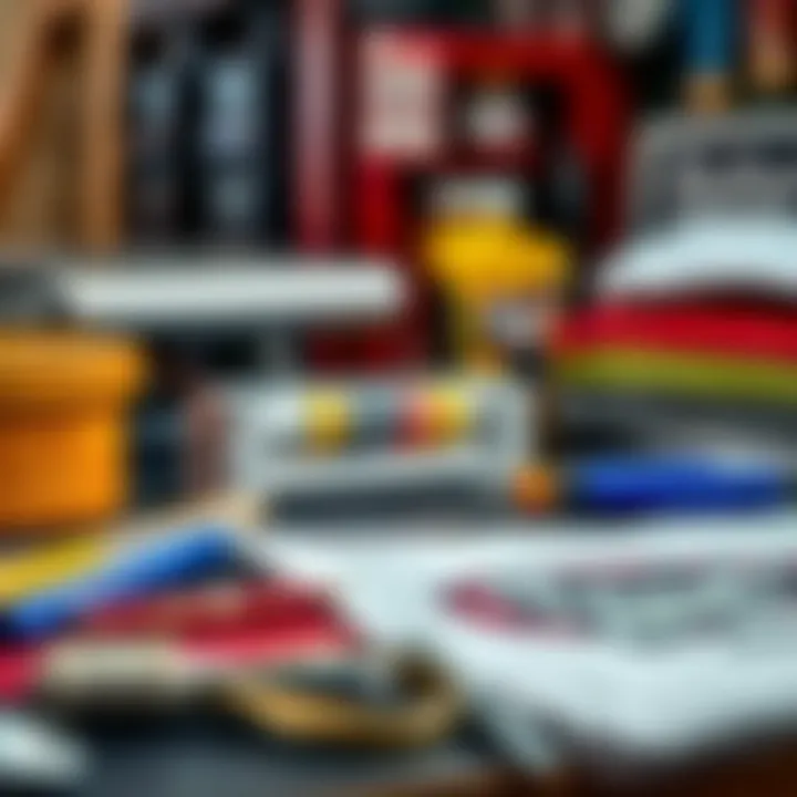 Close-up of various printing materials and tools used for shirt designs