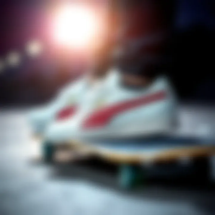 Puma skate shoes on a skateboard, reflecting their performance and style in action.