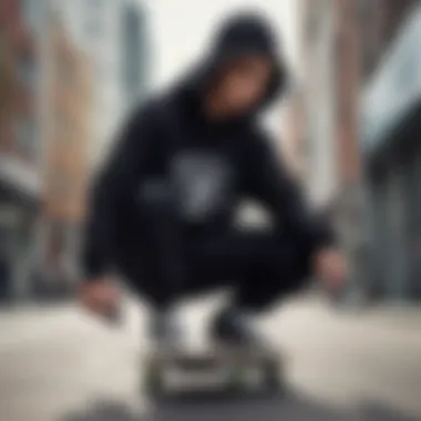 Stylish Black Hoodie in Action on the Skateboard Skateboarder wearing a stylish black hoodie