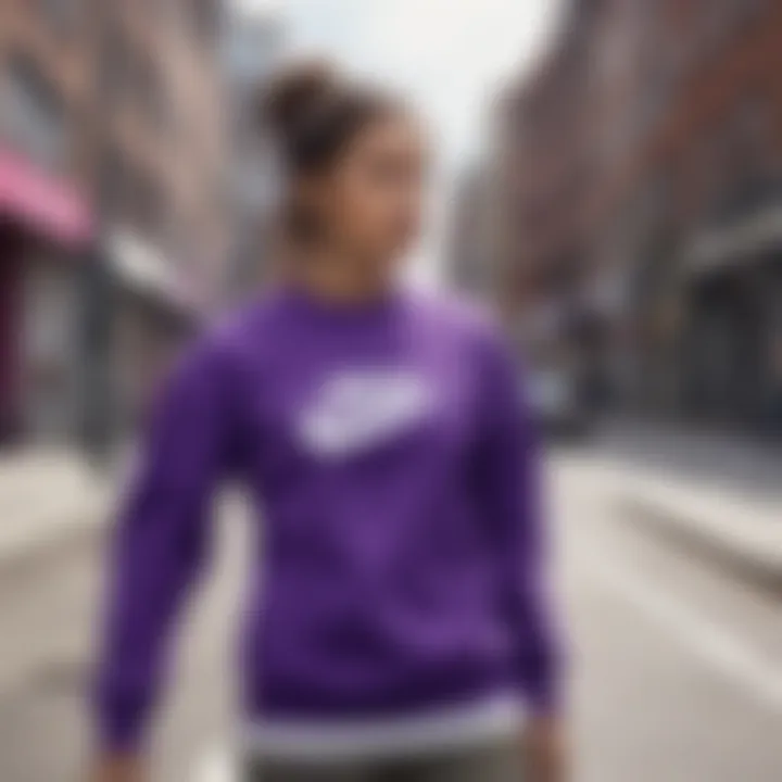 Stylish outfit featuring the purple Nike crewneck sweatshirt in an urban setting