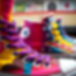 A close-up view of Rainbow High Top Converse showcasing vibrant colors and unique patterns.