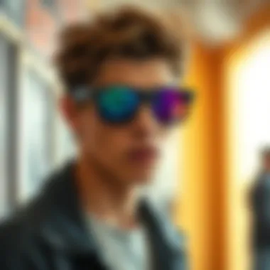 Fashionable individual sporting Ray-Ban Wayfarer mirrored lenses in a trendy setting