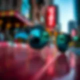 Stylish Ray-Ban Wayfarer with mirrored lenses reflecting vibrant urban scenery