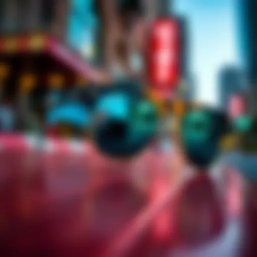 Stylish Ray-Ban Wayfarer with mirrored lenses reflecting vibrant urban scenery