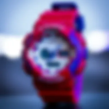 A close-up of the red, white, and blue G-Shock watch highlighting its unique design and features.