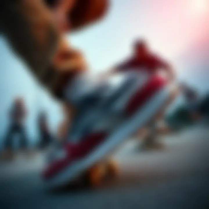 Dynamic action shot of individuals engaging in skateboarding while wearing Reebok C 85 shoes