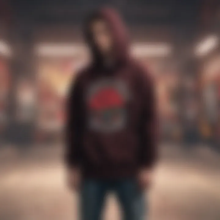 An artistic representation of the Riot Society Rose Hoodie against a backdrop of skate culture symbols.