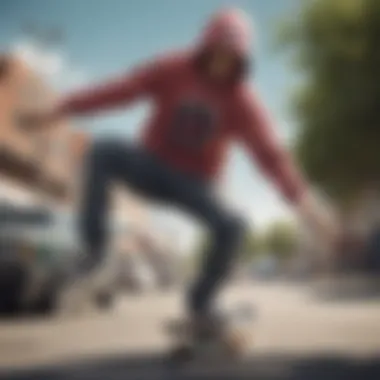 Expression and Identity: The Rose Hoodie in Action A dynamic shot of a skateboarder performing a trick while wearing the Riot Society Rose Hoodie.