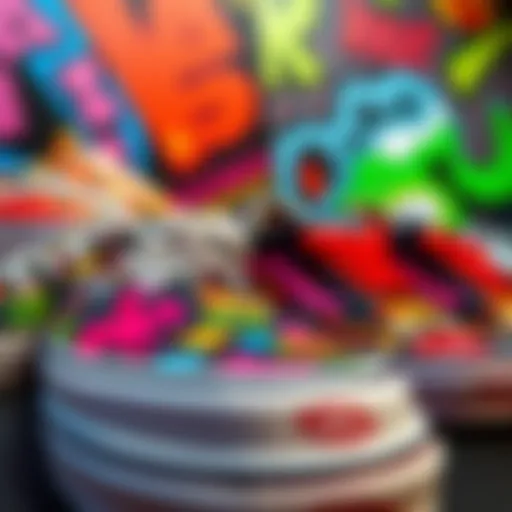 A vibrant display of Riot Society Vans showcasing unique designs and patterns that reflect skate culture.