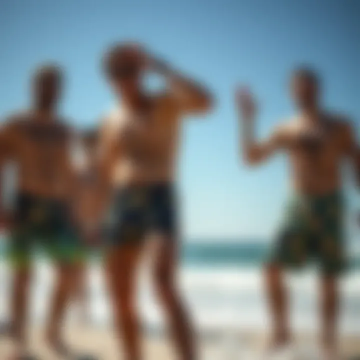 Group of friends enjoying a beach day in Rip N Dip swim trunks