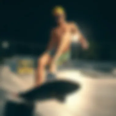 Skateboarder wearing Rip N Dip swim trunks at a skate park