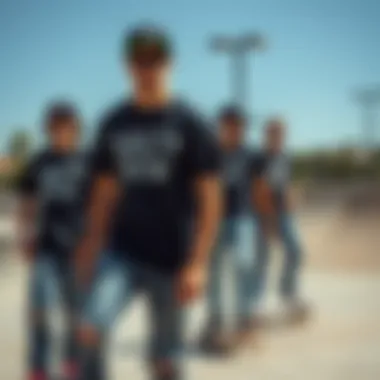 Salty Crew Chasing Tail T-Shirt in Skate Culture Group of skaters wearing Salty Crew Chasing Tail T-Shirts at a skate park