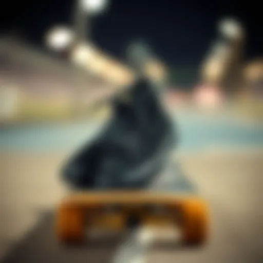 A stylish pair of black skate shoes on a skateboard