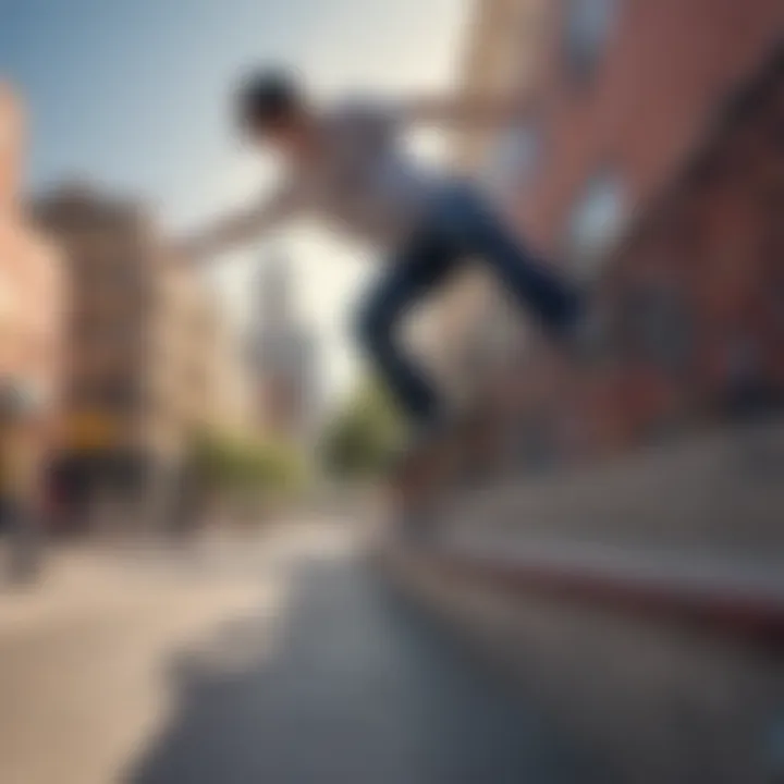 An artistic view of a skateboarder performing tricks in an urban setting