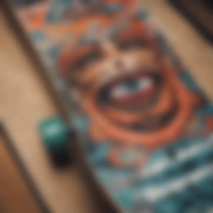 Close-up of skateboard deck designs reflecting cultural influences