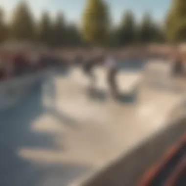 Community in Action at the Skate Park A vibrant skate park filled with diverse skaters showcasing their skills