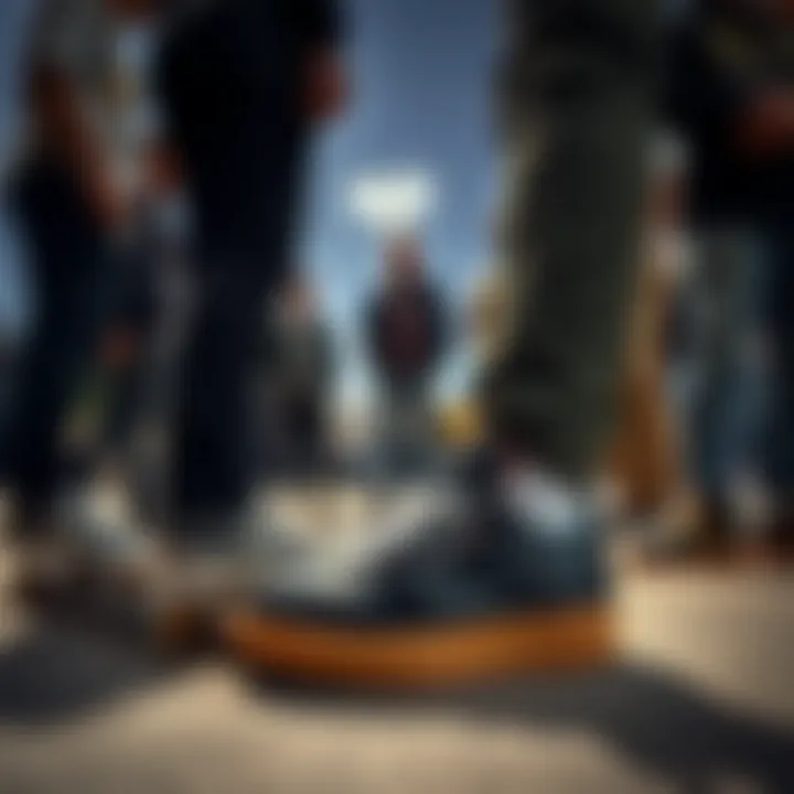 Group of skaters gathering at a skate park with Reebok Black and Gum sneakers visible