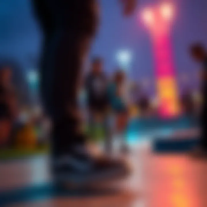 A vibrant skate park scene featuring enthusiasts engaging with skate culture while wearing skeleton vans.