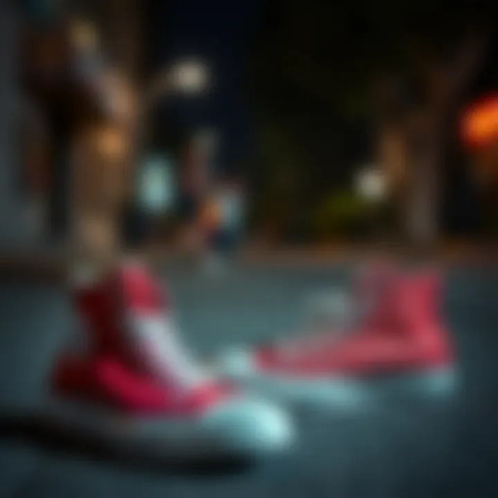 A skateboard resting on a street with high top Converses in the foreground