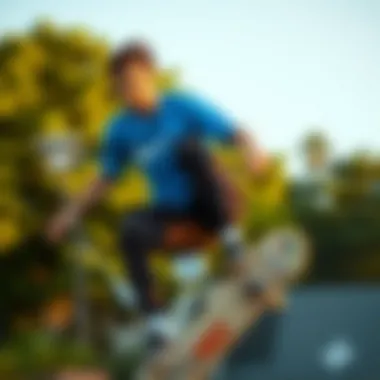 Nike Blue T-Shirt in Skateboarding Culture Skateboarder wearing Nike blue t-shirt in action