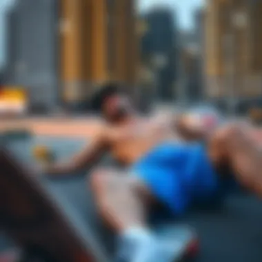 A skateboarder relaxing in blue shorts with a city backdrop