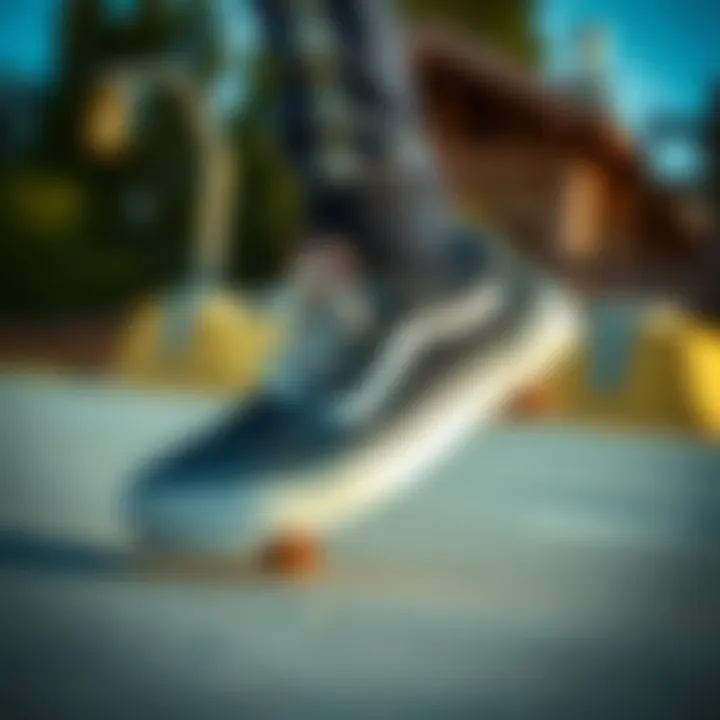 A skateboarder performing a trick while wearing skeleton vans, highlighting their performance aspect.