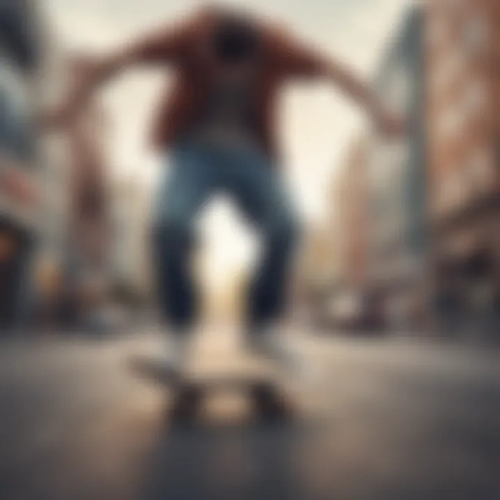 A skateboarder performing tricks while wearing loose skate pants in an urban environment