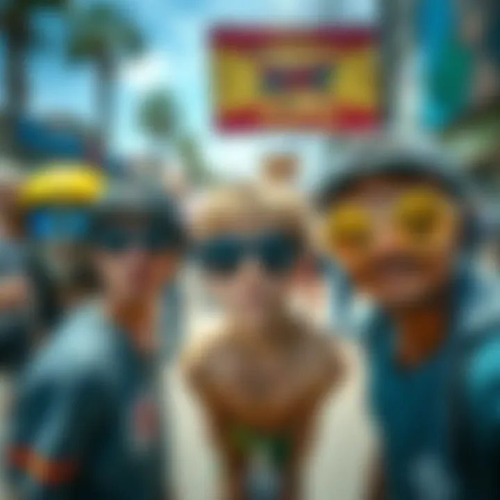 A vibrant street scene featuring skateboarders wearing circle sunglasses