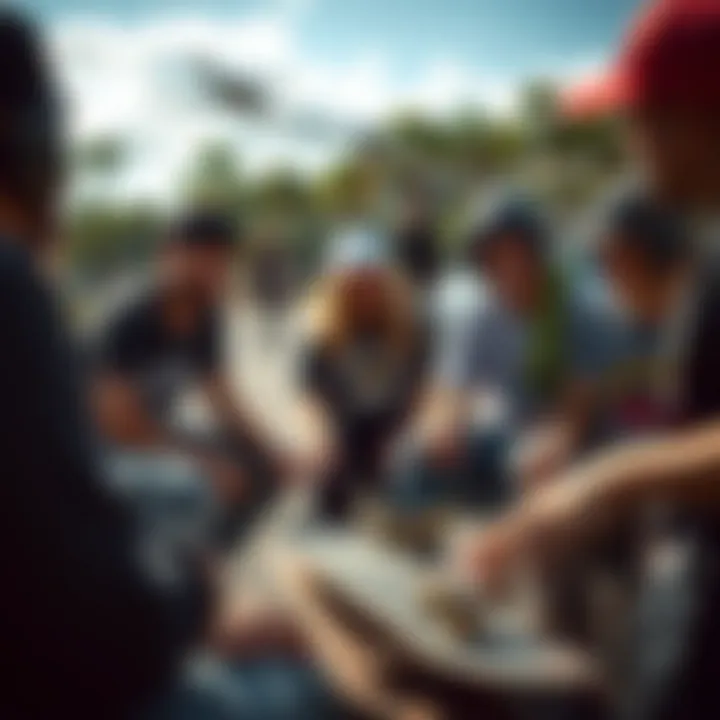 Community Engagement in Skateboarding Culture A group of skateboarders discussing and bonding over their gear choices, emphasizing community