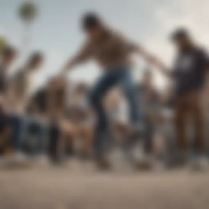 Group of skateboarders discussing style and footwear