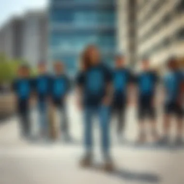 Unity in Skate Culture A group of skateboarders showcasing their black blue graphic tees in an urban setting.