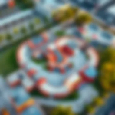 Aerial view of a modern skatepark design showcasing various ramps and obstacles