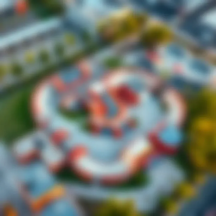 Aerial view of a modern skatepark design showcasing various ramps and obstacles