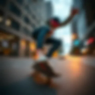 Skater performing tricks in a dynamic urban setting, wearing Rainbow High Top Converse.