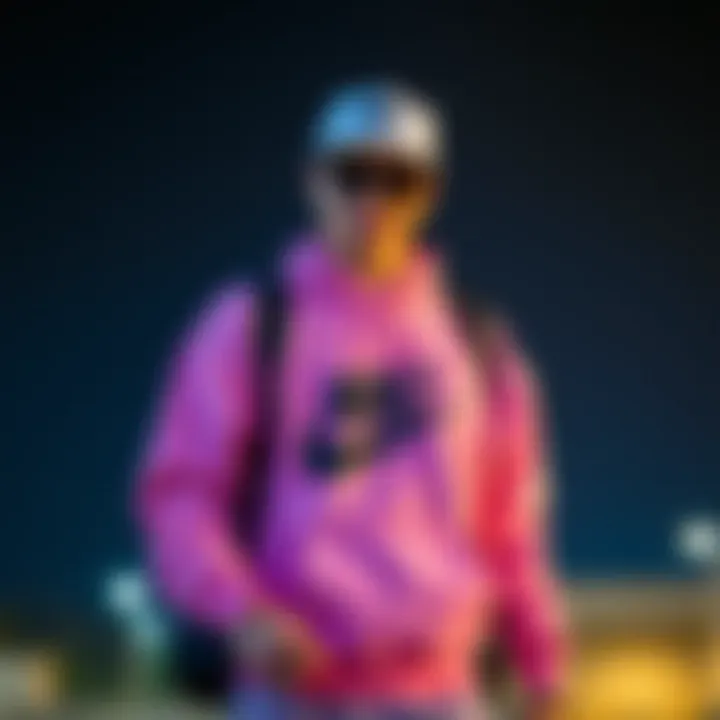 Fashionable skater pairing the pink Nike sweatshirt with trendy accessories