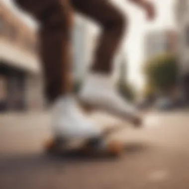 Skater performing a trick wearing white Vans with brown soles