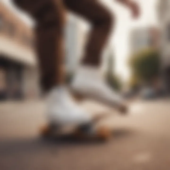 Skater performing a trick wearing white Vans with brown soles