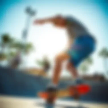 Skater performing tricks in blue shorts at a skate park