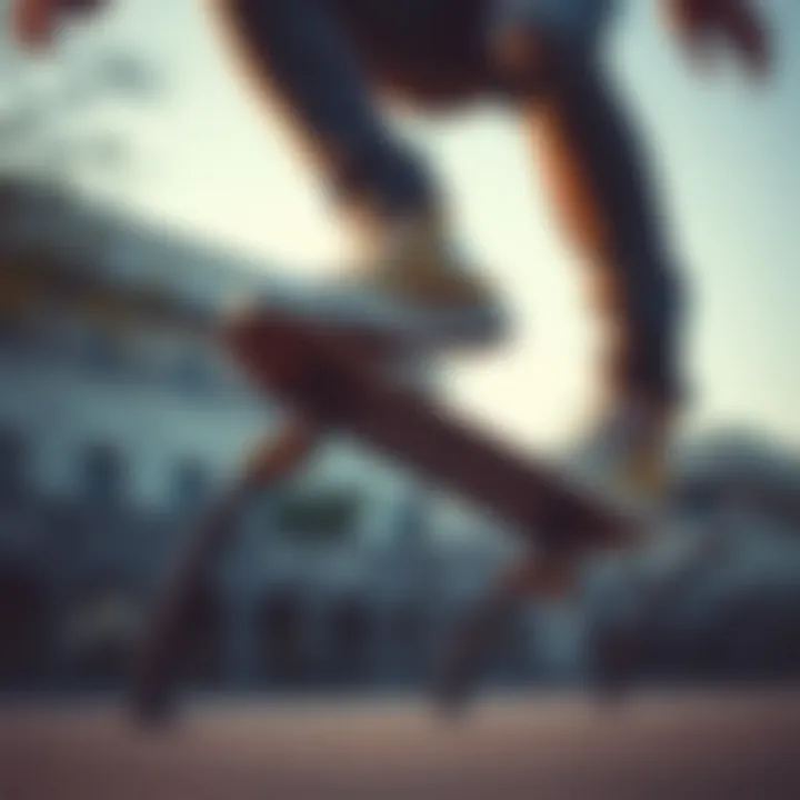 Skater performing tricks while wearing high top stacked Converse shoes.
