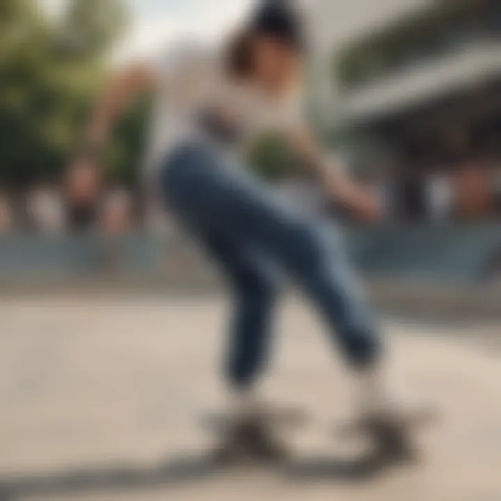A group of skaters gathered at a skatepark, all showcasing their unique loose skate pants