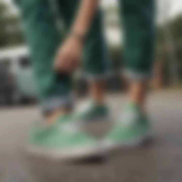 Group of skaters showcasing their green Vans slip-on shoes