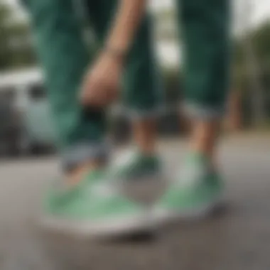 Skaters Embracing Style with Green Vans Slip-Ons Group of skaters showcasing their green Vans slip-on shoes