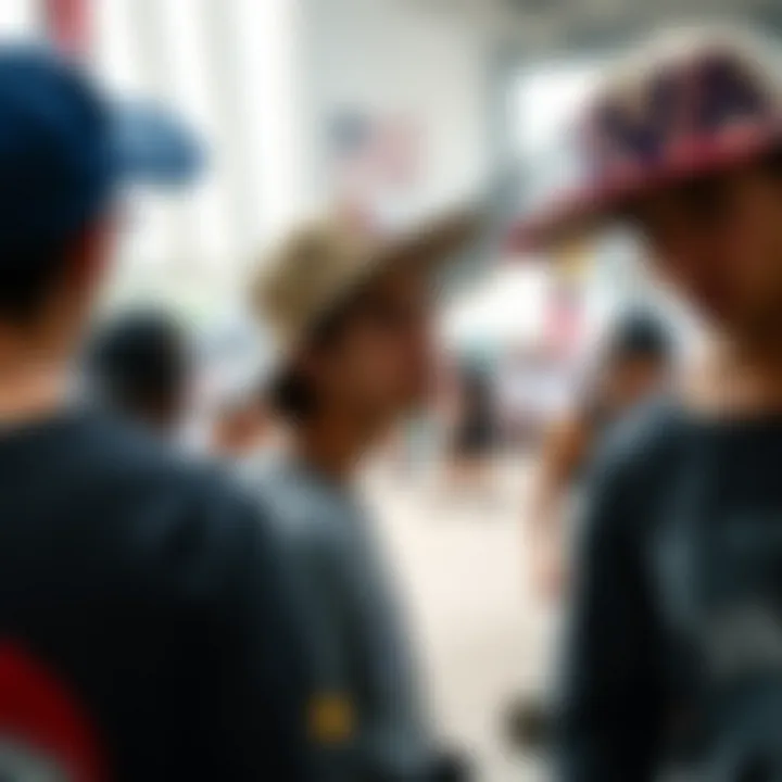 A group of skaters wearing flipped hats during a competition