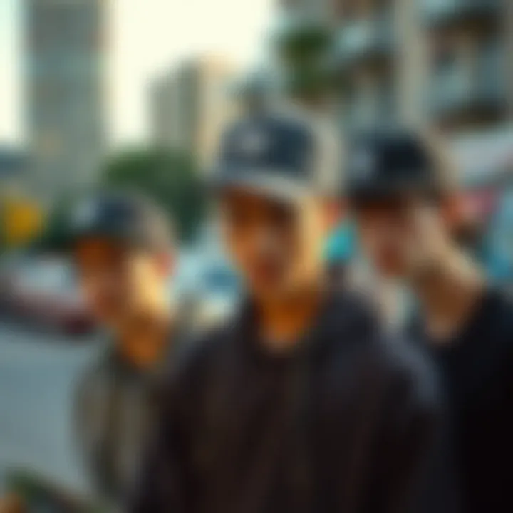 Skaters showcasing different styles of flipped hats in an urban setting