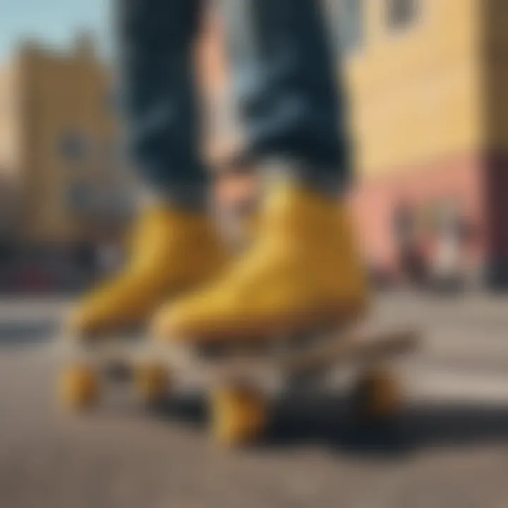 A group of skaters showcasing their yellow Adidas footwear in an urban setting