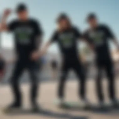 A group of skaters wearing Monster Energy shirts, embodying the skate lifestyle