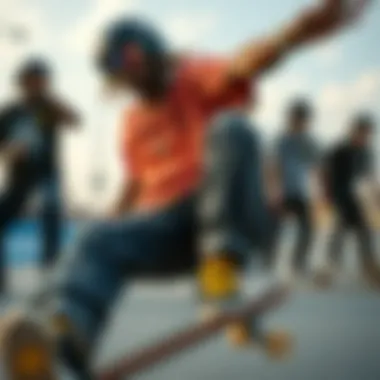 Skateboarding with King Ice Jewelry A vibrant skateboarding scene featuring skaters wearing King Ice jewelry, emphasizing style and culture