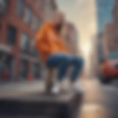Fashion Statement Amid Urban Backdrop A stylish streetwear outfit in a bustling city environment
