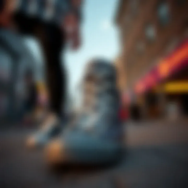 Fashionable streetwear outfit complemented by high top stacked Converse.