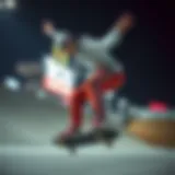 Dynamic skateboarder showcasing agility in swishy track pants